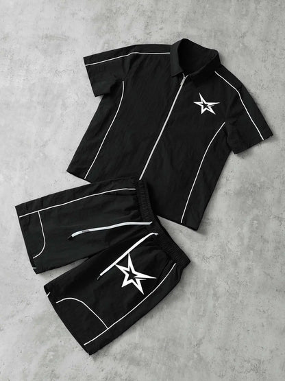 Star Print 2-Piece Set | Short Sleeve Zipper Shirt & Gym Shorts