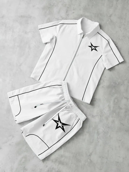 Star Print 2-Piece Set | Short Sleeve Zipper Shirt & Gym Shorts